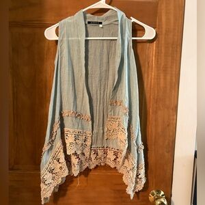 Adore Light Blue and Beige Lace Trim Blouse